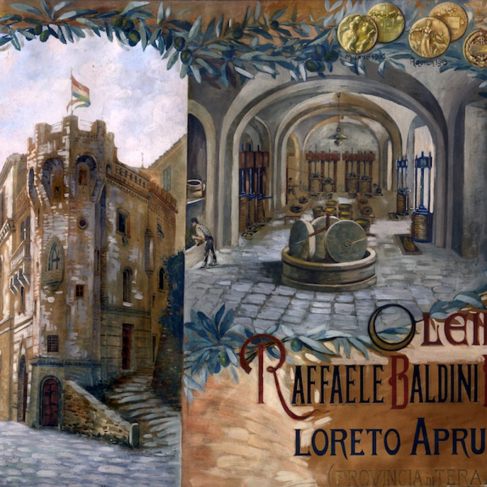 Dipinto raffigurante l'Oleificio Baldini Palladini e le medaglie vinte alle esposizioni in Italia e all'estero.